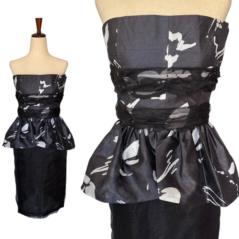 Vintage 80s Loris Azzaro Black & White Print Strapless Peplum Dress sz 40 NWT